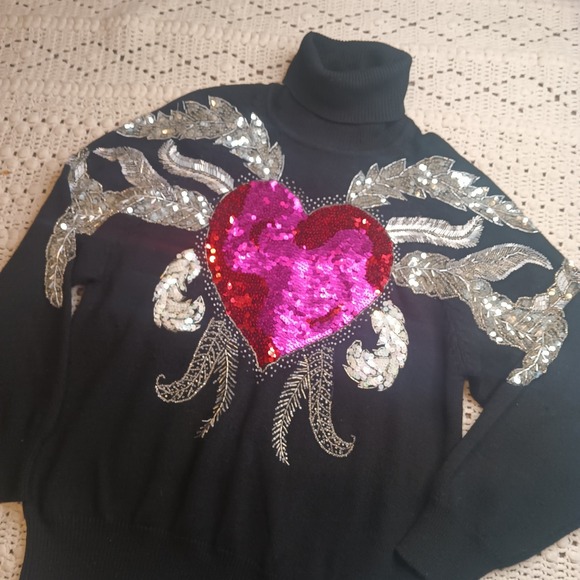 Semplice Sweaters - VTG 90's Semplice Sweater‎ Black 100% Wool Sequined Beaded Long Sle Heart Signed